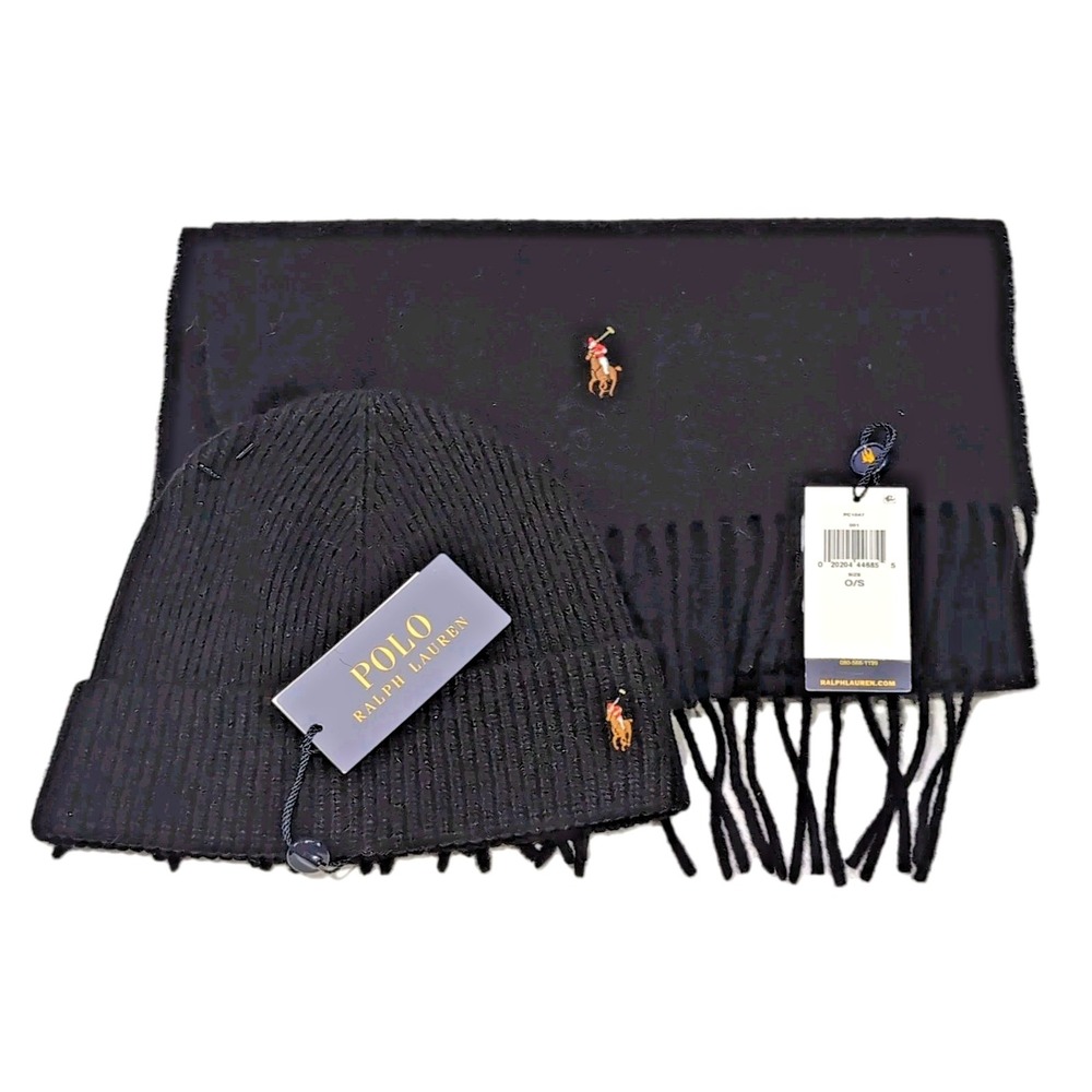 Polo Ralph Lauren Wool Scarf ITALY Wool Blend Beanie Hat CHINA Set Black NEW NWT